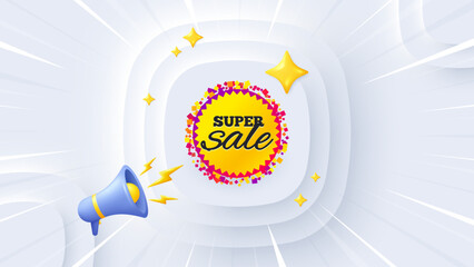 Super sale banner. Neumorphic offer 3d banner, poster. Discount sticker shape. Coupon bubble icon. Super sale promo event background. Sunburst banner, flyer or coupon. Vector