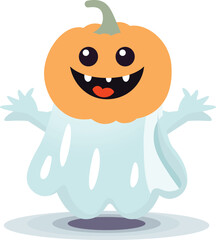 Friendly Ghost with Pumpkin Mask - Halloween Character on White