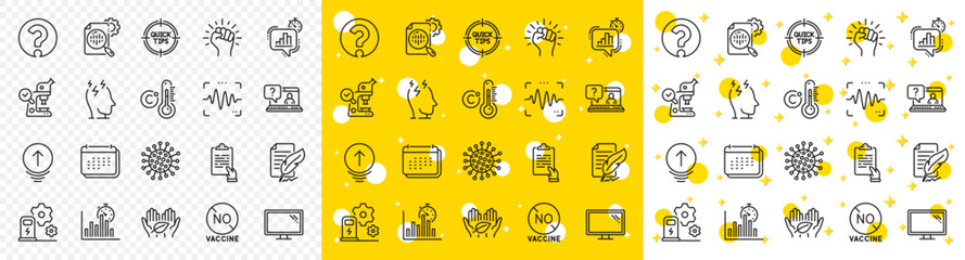 Outline Microscope, Statistics timer and Seo stats line icons pack for web with No vaccine, Coronavirus, Stress line icon. Calendar, Faq, Empower pictogram icon. Monitor, Tips, Question mark. Vector