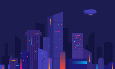 Futuristic night city, ide city front perspective view. Cyberpunk and retro wave style illustration, Vector night city illustration with neon lights and vivid colors
