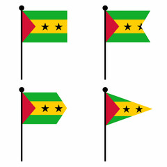 Sao Tome and Principe waving flag icon set in 4 shape versions. Collection of flagpole sign for identity, emblem, and infographic.