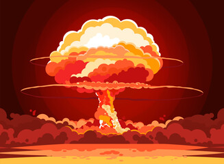 Nuclear Explosion, Mushroom cloud. Vector illustration. Atomic bomb blast isolated on dark background. Nuclear war graphic element, illustration of Nuclear bomb explosion
