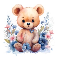 watercolor illustration of a cute teddy bear with pink and blue flowers on a white background