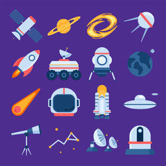 space icons set vector, Space universe colored isolated icons set outer space elements on black background vector illustration, Space and astronomy icons set of rocket satellite earth alien isolated i