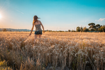 bella ragazza che accarezza il grano in un campo al tramonto