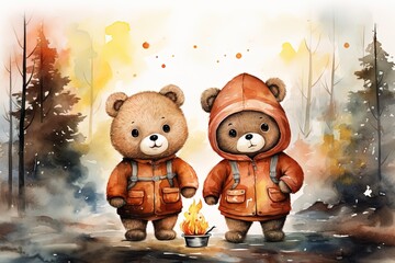 children's watercolor illustration of two bear cubs in an orange jacket warming themselves by the fire in the autumn forest