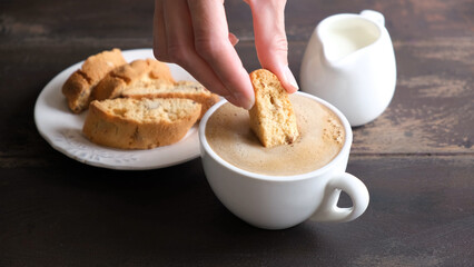 Coffee Cappuccino and cantucci cookies. Italian coffee break