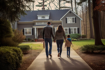 Happy family walking up driveway into new home