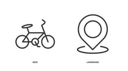 set of travel and trip thin line icons. travel and trip outline icons included bike, landmark vector.