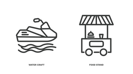 set of travel and trip thin line icons. travel and trip outline icons included water craft, food stand vector.