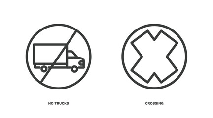 set of traffic signs thin line icons. traffic signs outline icons included no trucks, crossing vector.