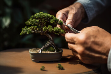 Man clipping bonsai tree
