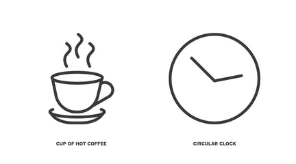 set of tools and utensils thin line icons. tools and utensils outline icons included cup of hot coffee, circular clock vector.