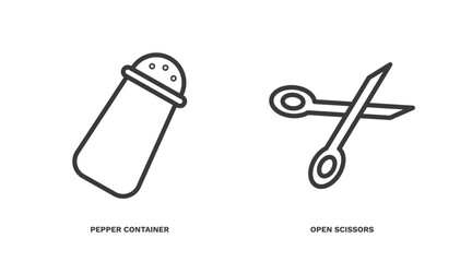 set of tools and utensils thin line icons. tools and utensils outline icons included pepper container, open scissors vector.