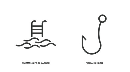set of summer thin line icons. summer outline icons included swimming pool ladder, fish and hook vector.