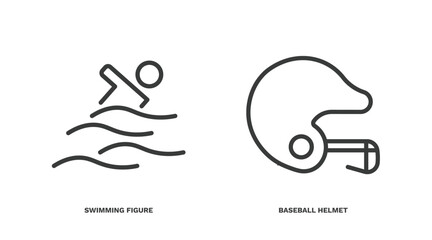 set of sport and games thin line icons. sport and games outline icons included swimming figure, baseball helmet vector.