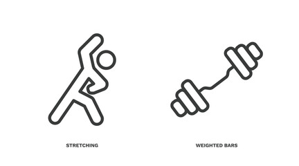 set of sport and game thin line icons. sport and game outline icons included stretching, weighted bars vector.