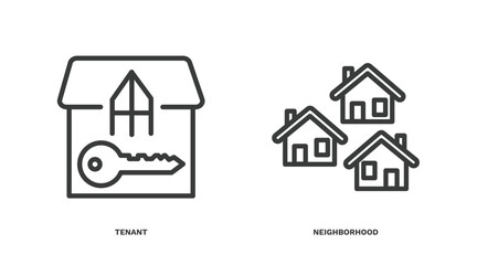 set of real estate industry thin line icons. real estate industry outline icons included tenant, neighborhood vector.