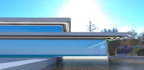 Bright tropical sun above the decking as a terrace cover on rooftop of the luxury villa with glass facade. 3d rendering.
