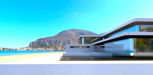 Elite mansion constructed on the sand beach beach. Blue ocean and high mountain on the background. 3d rendering.