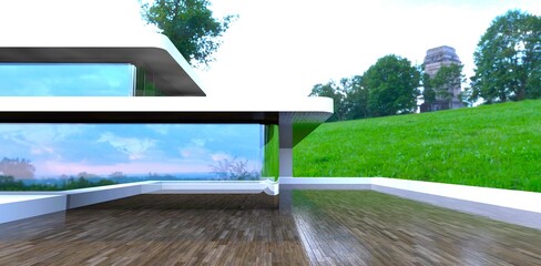 Design of the decked terrace. Reflection of the environment in a glass facade of the house . 3d rendering.