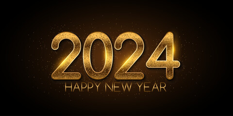 Happy new year 2024 cover with luxury gold glitter number. Greeting card design. Vector illustration.