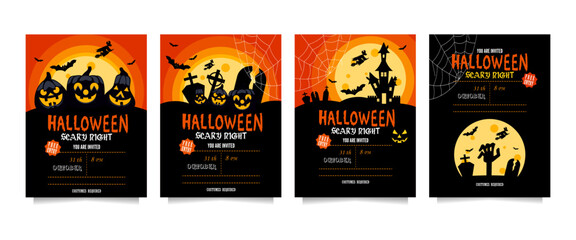Halloween party invitations or greeting cards set with handwritten text, pumpkins, witches, graves and bats