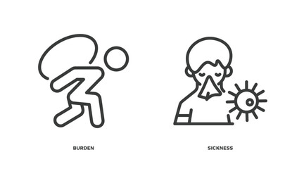 set of people and relation thin line icons. people and relation outline icons included burden, sickness vector.