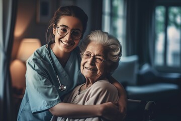 Fototapeta premium Attentive nurse talking to old people Holding his hand, sitting in the living room, visiting the house, providing emotional support. Concepts of care in geriatric medicine