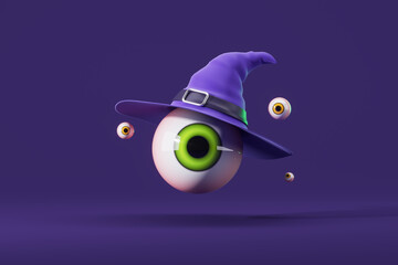Fototapeta premium Green eye in halloween witch hat on purple background. 3d rendering.