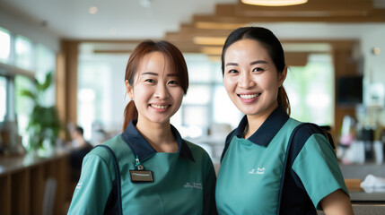 Happy multicultural cleaners looking at camera while standing with cleaning supplies in office