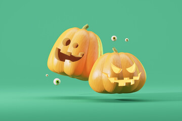 Two pumpkins with carved faces for halloween on a green background. 3d rendering.