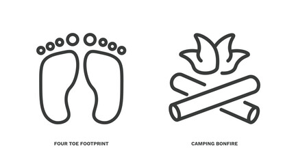 set of nature thin line icons. nature outline icons included four toe footprint, camping bonfire vector.
