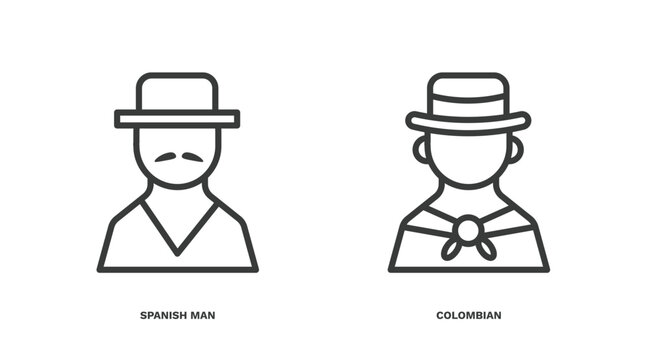set of people and relation thin line icons. people and relation outline icons included spanish man, colombian vector.