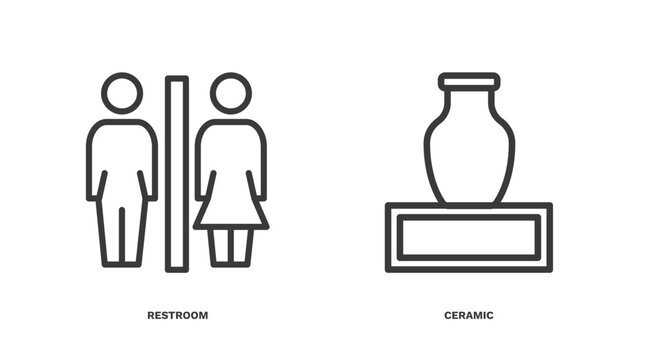 set of museum and exhibition thin line icons. museum and exhibition outline icons included restroom, ceramic vector.