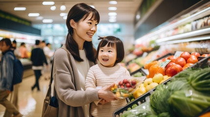 Naklejka premium Mom and her child picking out groceries at the supermarket