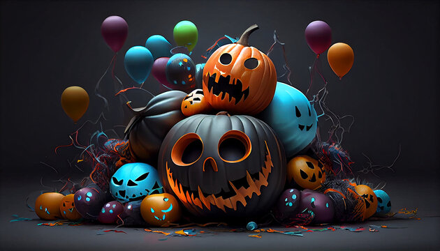 Decoracao de baloes com aboboras feliz dia das bruxas, decorativos para festa de halloween dia dos mortos, Ai generated image