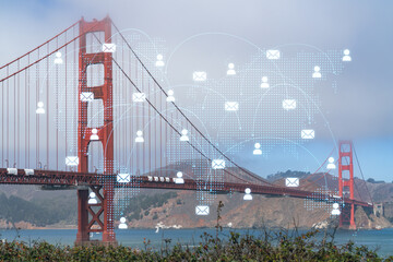 The iconic view of the Golden Gate Bridge from South side at day time, San Francisco, California, United States. Social media hologram. Concept of networking and establishing new people connections