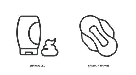 set of hygiene and sanitation thin line icons. hygiene and sanitation outline icons included shaving gel, sanitary napkin vector.