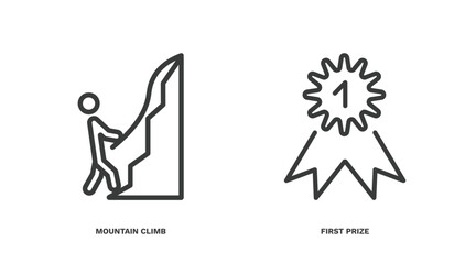 set of humans and behavior thin line icons. humans and behavior outline icons included mountain climb, first prize vector.