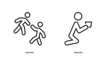 set of humans and behavior thin line icons. humans and behavior outline icons included helping, begging vector.
