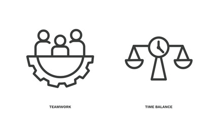 set of human resources thin line icons. human resources outline icons included teamwork, time balance vector.
