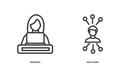 set of human resources thin line icons. human resources outline icons included working, multitask vector.