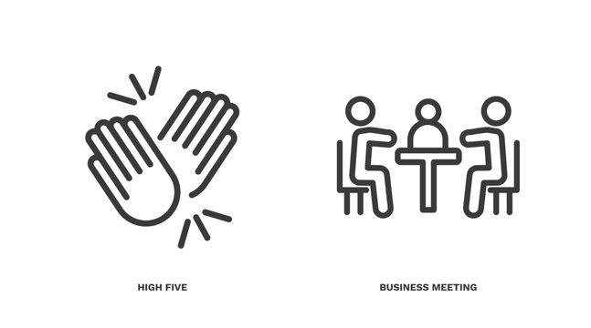 set of humans and behavior thin line icons. humans and behavior outline icons included high five, business meeting vector.