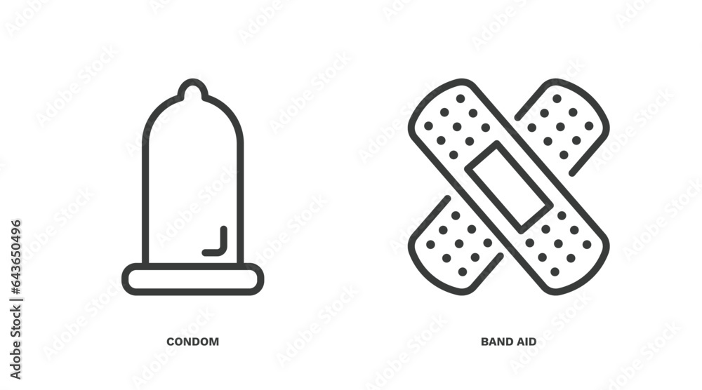 Sticker set of health and medical thin line icons. health and medical outline icons included condom, band ai