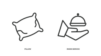 set of hotel and restaurant thin line icons. hotel and restaurant outline icons included pillow, room service vector.
