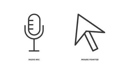 set of hardware and equipment thin line icons. hardware and equipment outline icons included radio mic, mouse pointer vector.