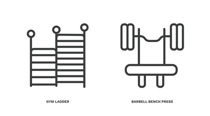 set of fitness and gym thin line icons. fitness and gym outline icons included gym ladder, barbell bench press vector.