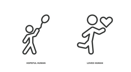 set of feeling and reaction thin line icons. feeling and reaction outline icons included hopeful human, loved human vector.