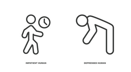 set of feeling and reaction thin line icons. feeling and reaction outline icons included impatient human, depressed human vector.